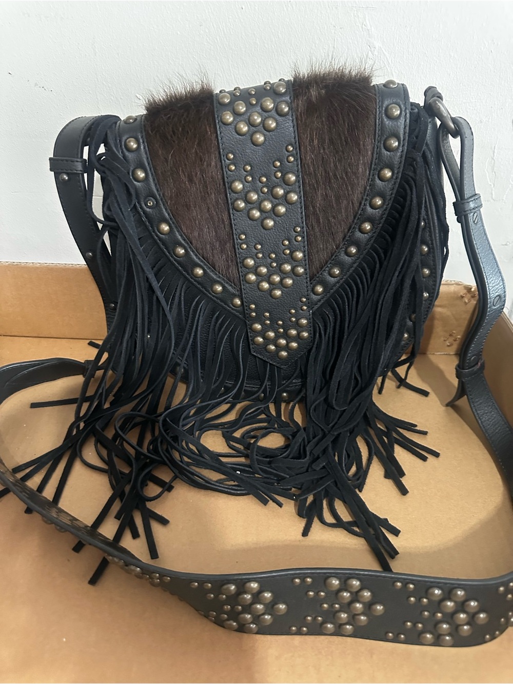 Studded Fringe Crossbody Bag with Haircalf Accent - Black